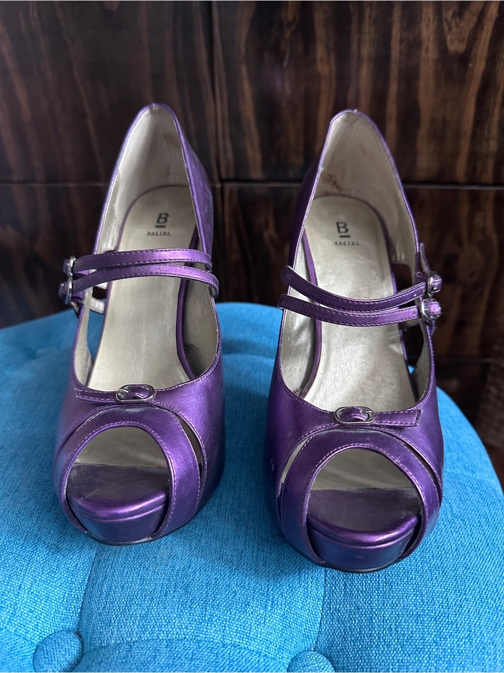 Bakers Purple Satin Peep-Toe Double-Strap Heels